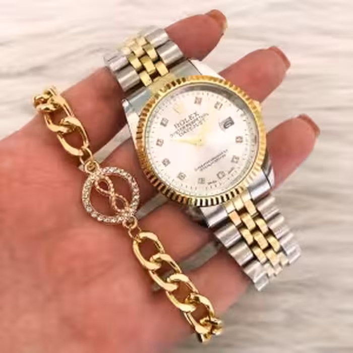 ساعت رولکس بند استیل صفحه دورنگ‌ همراه با دستبند