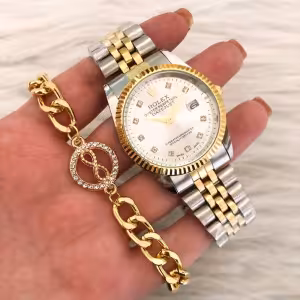 ساعت رولکس بند استیل صفحه دورنگ‌ همراه با دستبند