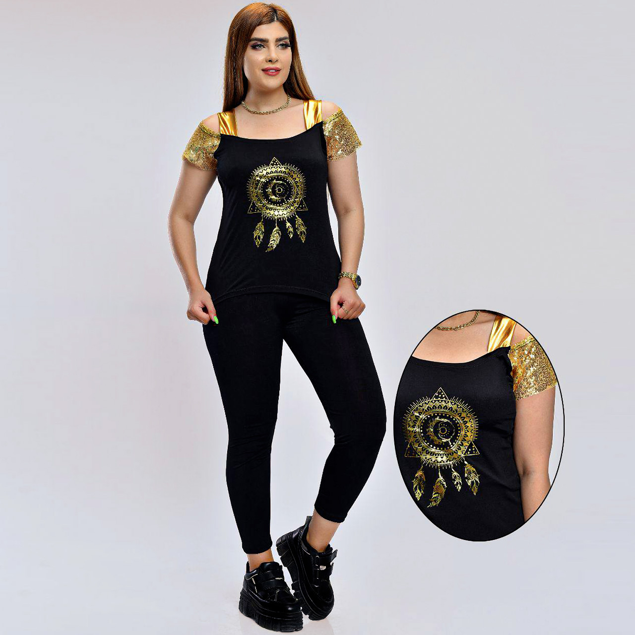 ست تاپ شلوار زنانه طرح third eye طلایی مدل Rozi