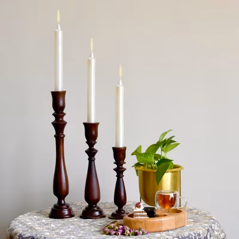 شمعدان تزیینی رومیزی چوبی مجموعه سه عددی