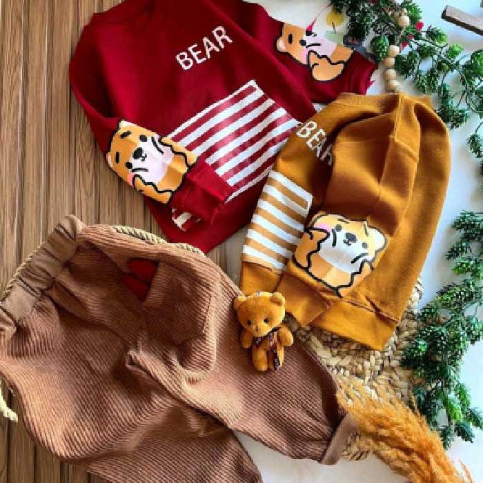 بلوز شلوار کبریتی اسپرت طرح خرس مناسب 2 تا 9 سال