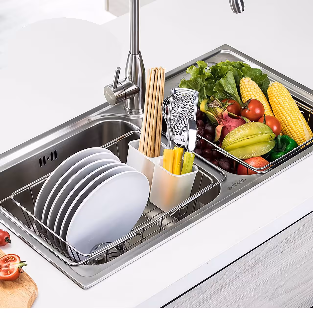 سبد آبچکان   کشویی و ابگیر کنار سینک جاظرفی استیل با قابلیت تنظیم طول 