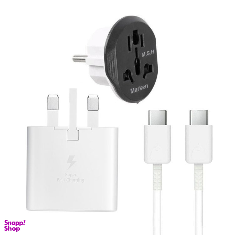 شارژر دیواری 25 وات سامسونگ دل Ep-Ta800 به همراه کابل تبدیل USB-C و مبدل برق 3 به 2 مرکان