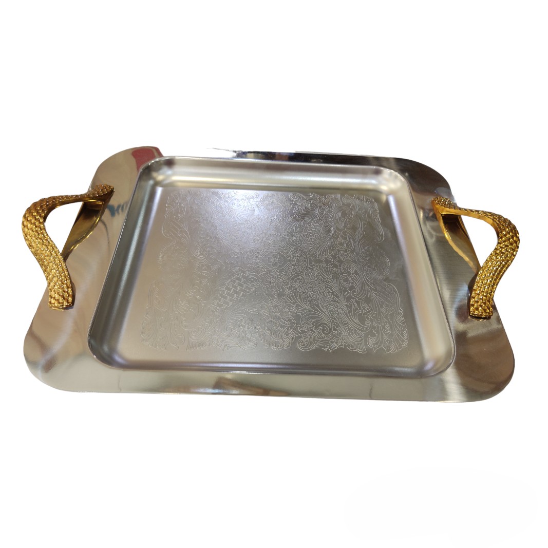 سینی استیل مربع طرح دار 340 دسته طلایی