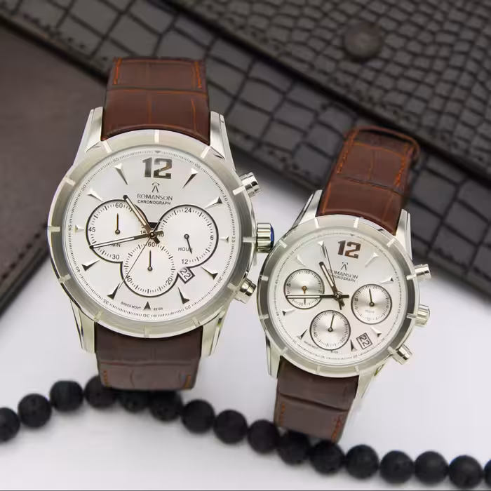 ساعت مچی ست زنانه و مردانه رومانسون-بندچرم3 عقربه فعال کرنوگراف مدل 83123