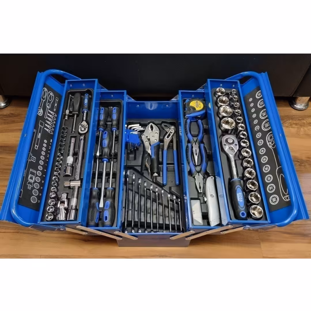 جعبه ابزار و بکس 85عددی مدل BOSS باس VIP  تکنولوژی آلمان اچار و پیچ گوشتی دارای 3طبقه مجزا تمام فلزی ورق ضخیم ابزار کامل