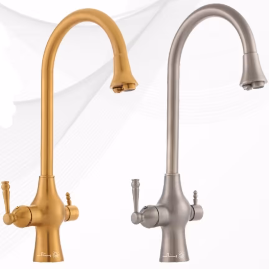 شیر ظرفشویی ساختمان رنگ طلا و استیل مات دومنظوره  جنس درجه 1 و استاندارد و دارای نشان ایزو9001