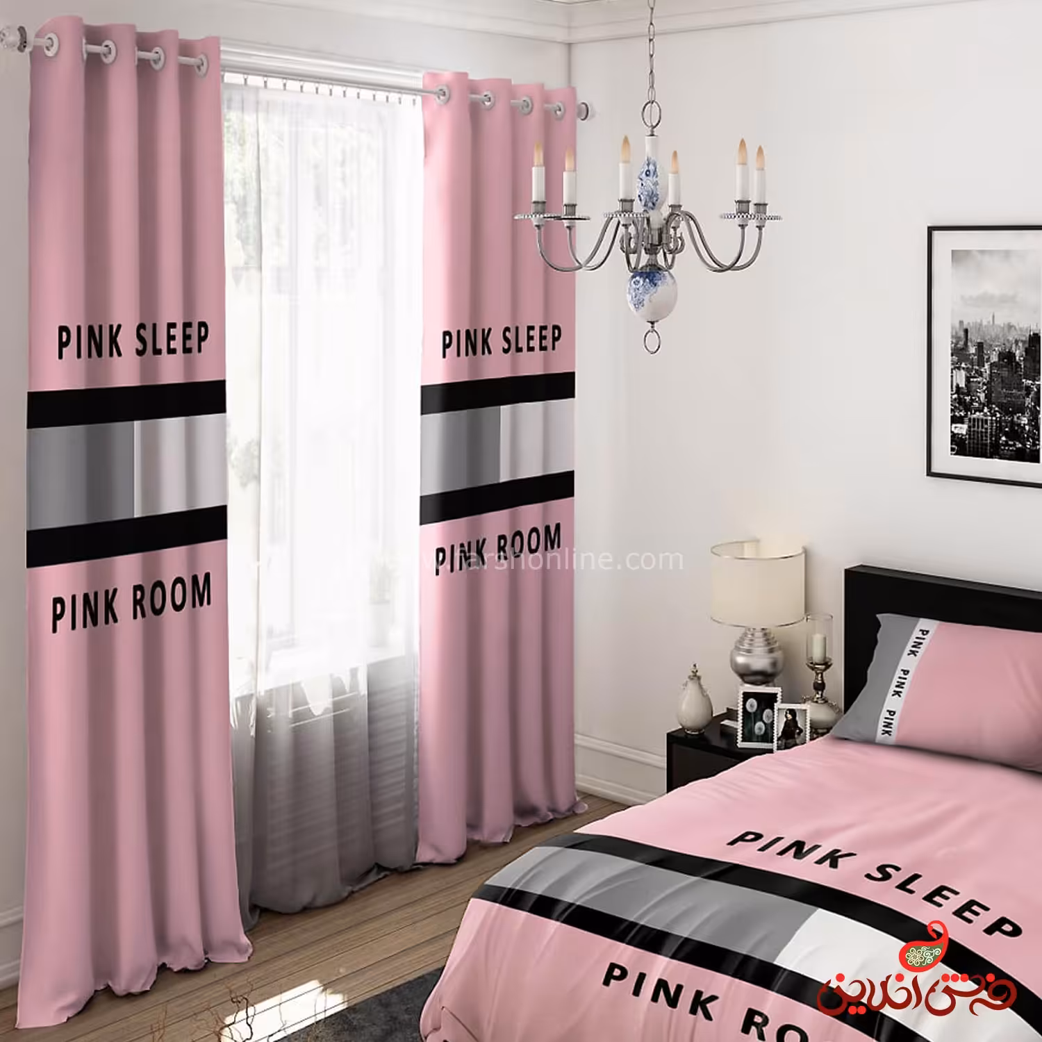پرده 2 عددی طرح pink sleep (خواب صورتی طوسی صورتی)کد 15265/1