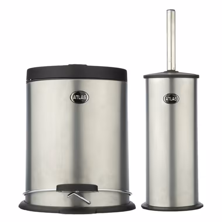 سطل و مسواک توالت  استیل اطلس دارای سطل پدالی دوجداره