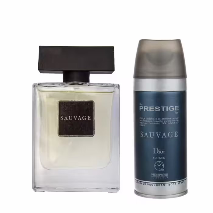 ادو تویلت مردانه پرستیژ مدل Sauvage Dior حجم 100 میلی لیتر به همراه اسپری خوشبو کننده بدن مردانه پرستیژ مدل Sauvage حجم 150 میلی لیتر
