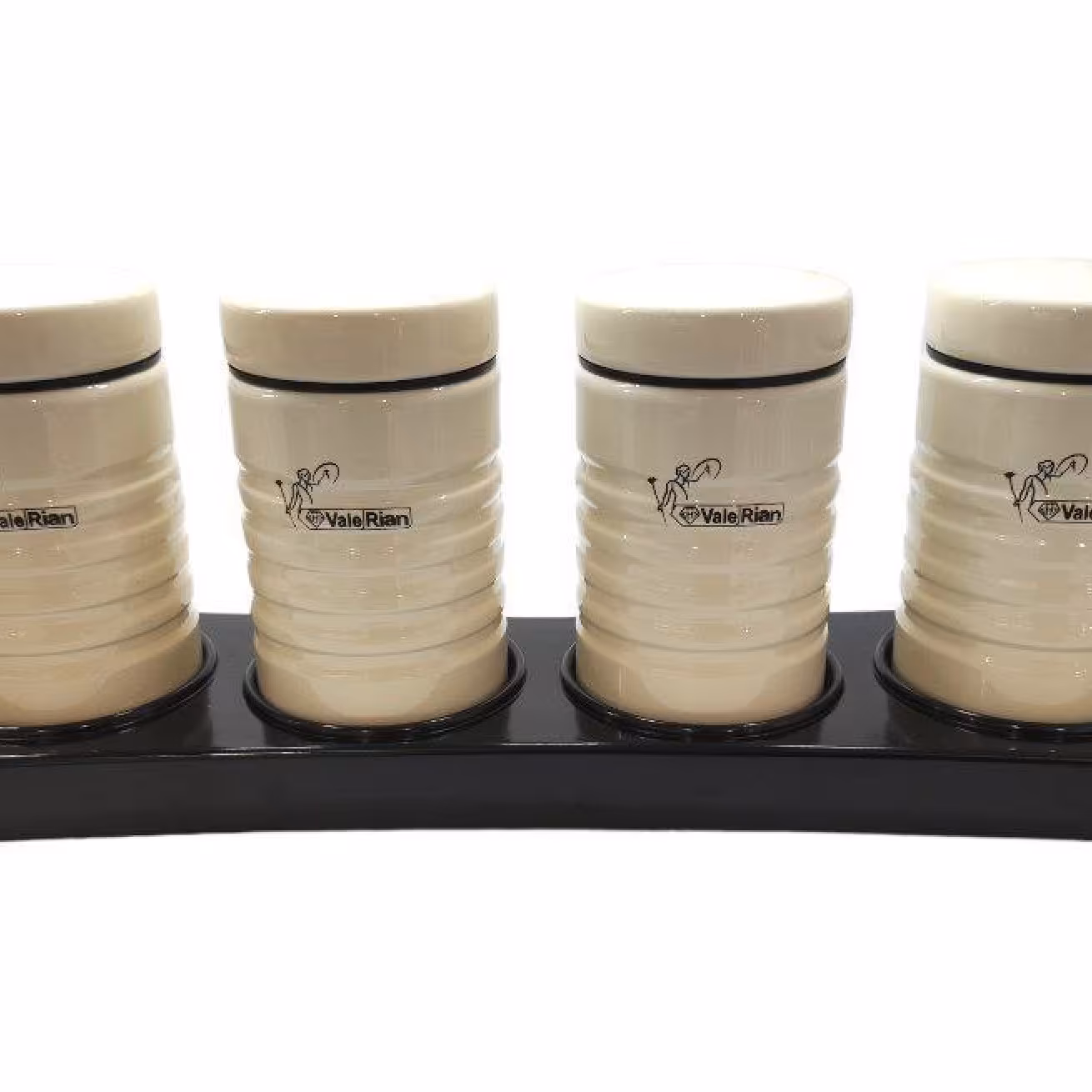 ست جا ادویه فلزی رنگی 4 تایی با استند مارک والرین ValeRian با درب و پایه های کلا فلزی 
شکل رومیزی با استند ثابت