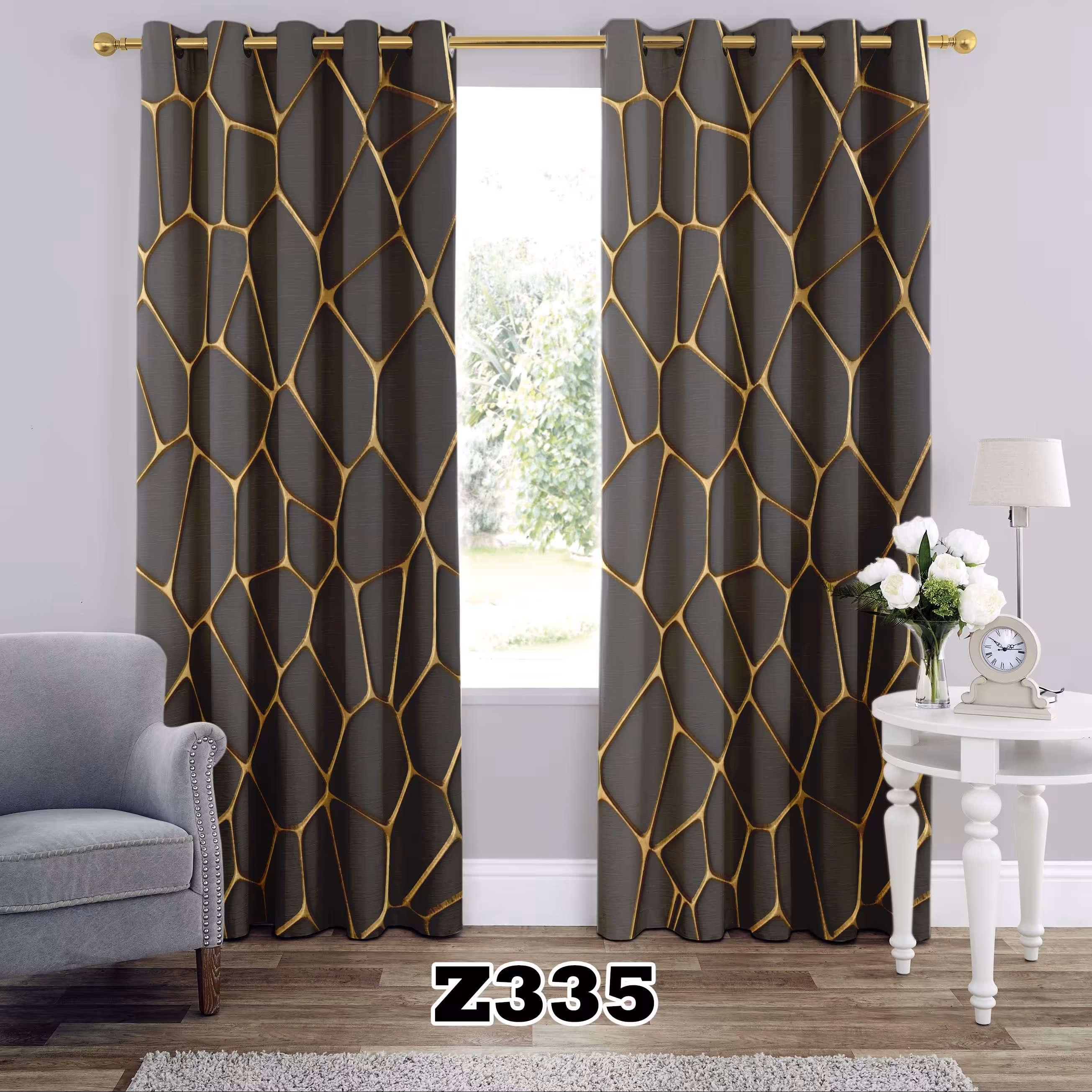 پرده چاپی طرح پتینه طوسی طلایی کد Z335 تک قواره ارتفاع 300 عرض 140 سانت