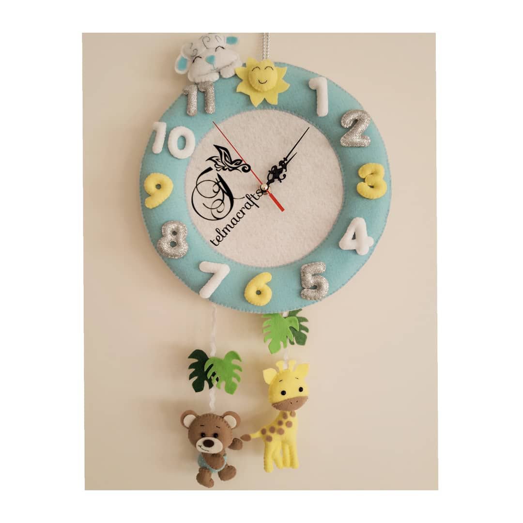 خرید آنلاین ساعت دیواری نمدی اتاق کودک تم حیوانات جنگل 