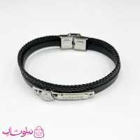 دستبند مردانه چرم و استیل مدل ورساچه برجسته مشکی نقره ای کد 1188