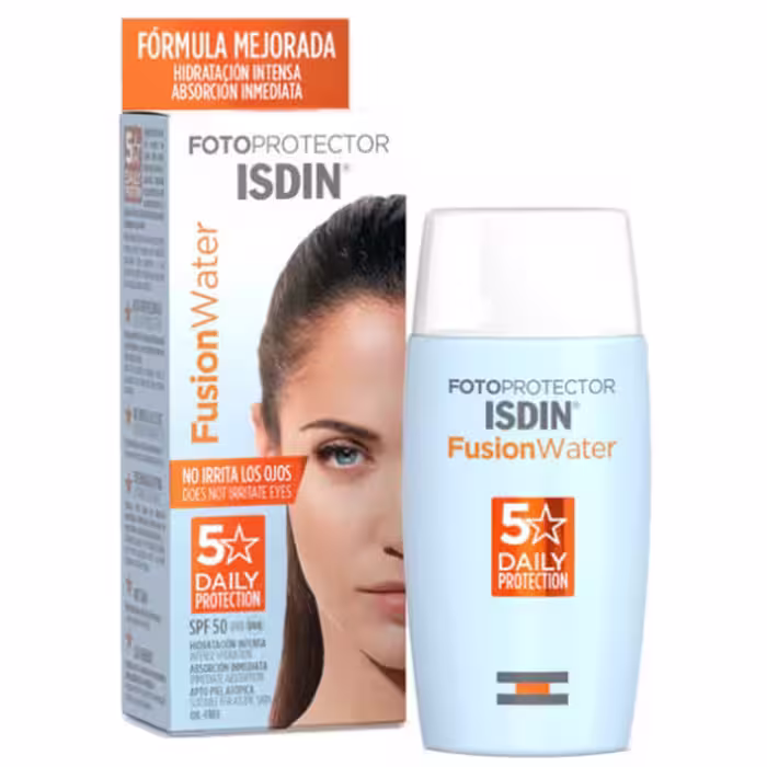 کرم ضد آفتاب ایزدین izdin فیوژن واتر بی رنگ spf 50 مدل intense hydrating حجم 50 میل fusion water isdin 50ml daily 5 star