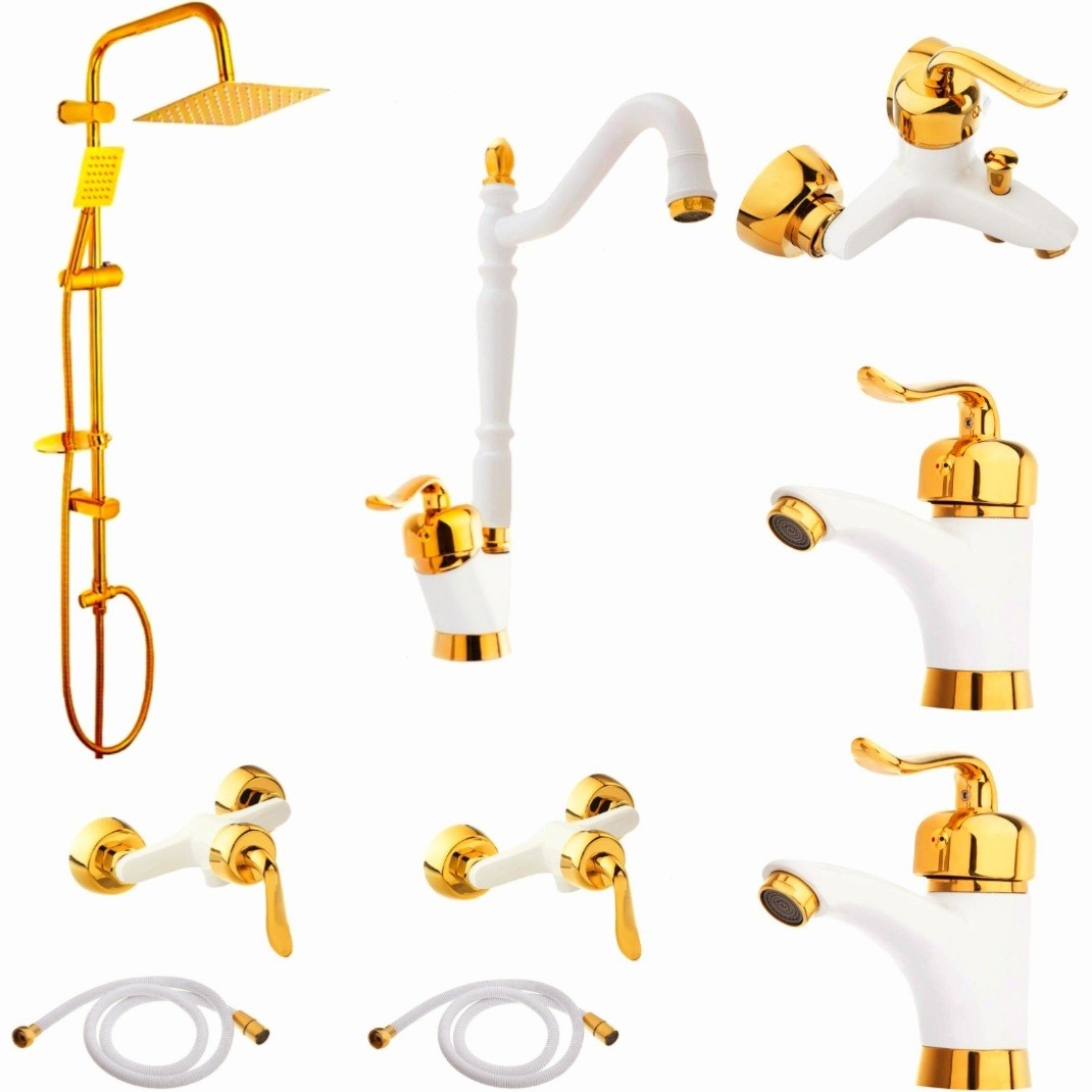 ست شیرآلات رز مدل بیزانس نایس مجموعه 9 عددی سفید طلایی به همراه علم دوش دوکاره تمام استیل و شلنگ سرویس بهداشتی 