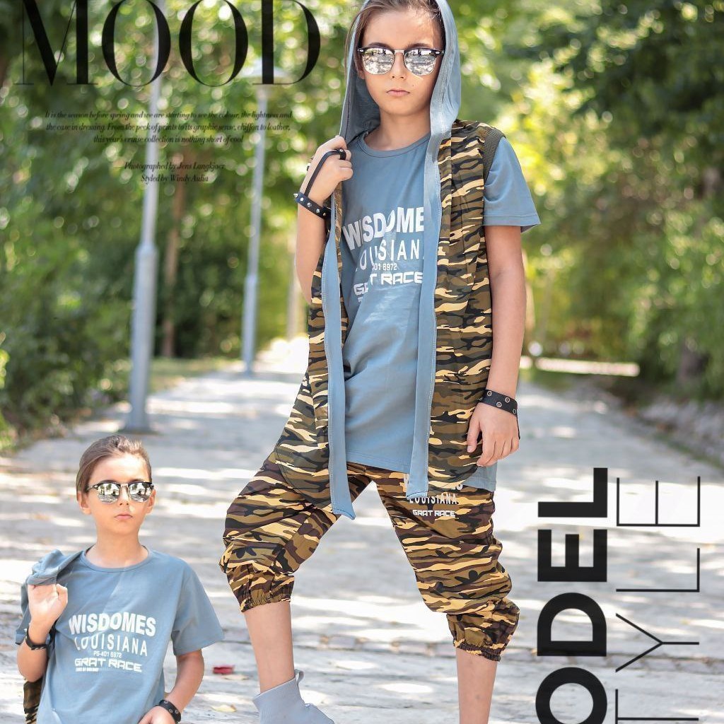 ست سه تیکه اسپرت دخترانه و پسرانه ست چریکی کلاه دار تیشرت و شلوار و هودی ارسال فوری و رایگان