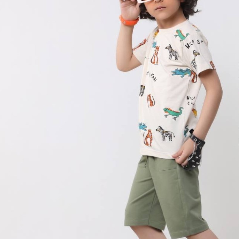 ست تیشرت و شلوارک پسرانه طرح حیوانات جنگل جنس نخ پنبه اعلا سایزبندی 35و40 