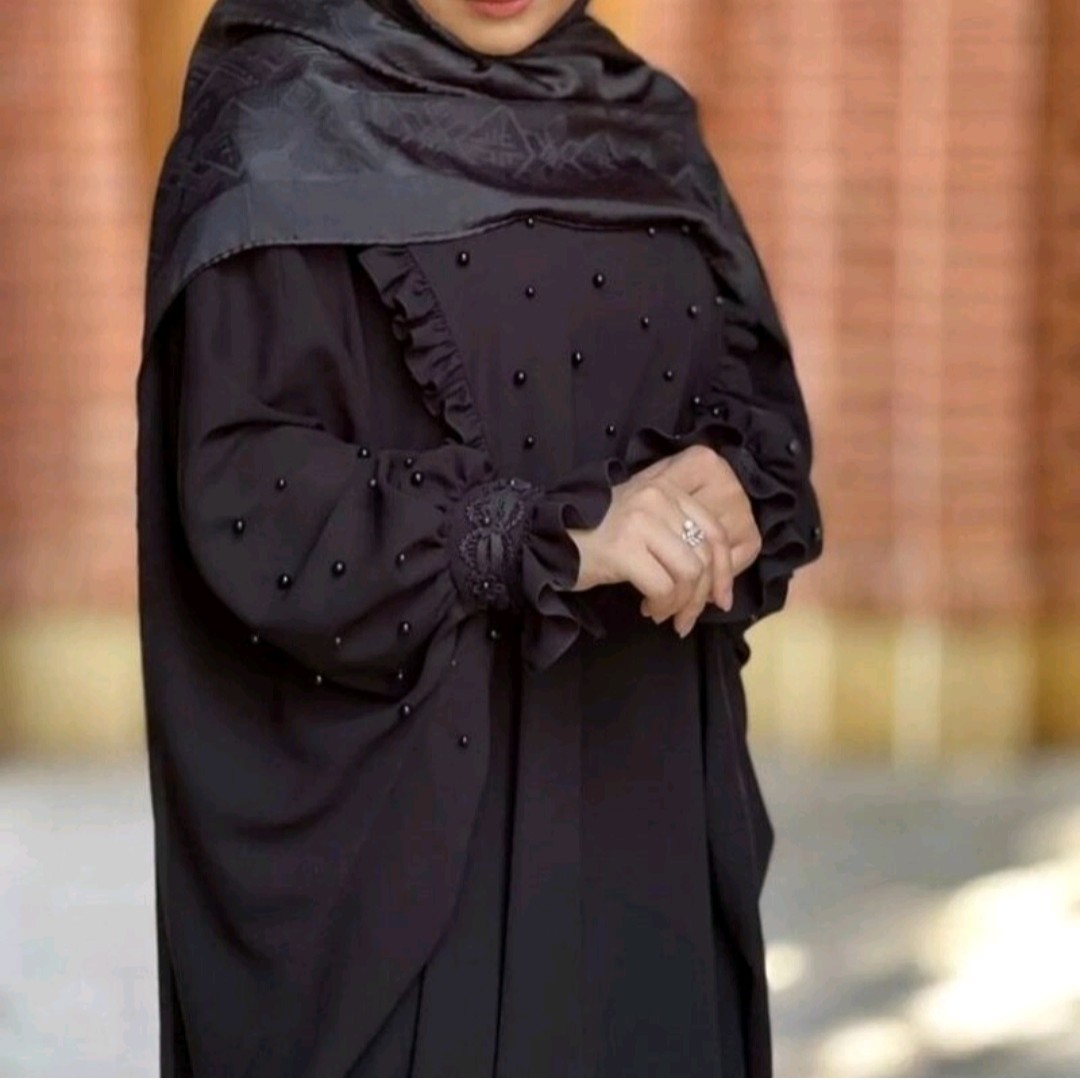 مانتو عبایی زنانه عبا مشکی مروارید دوزی کرپ الیزه، کاملا مشکی سایزبندی مناسب عید و ماه رمضان