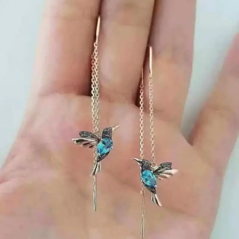 گوشواره طرح پرنده آویز با نگین آبی کد E534