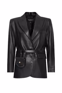 کت مشکی زنانه کمربند سیاه و سفید برفی ژاکت چرمی مفصل Derimod