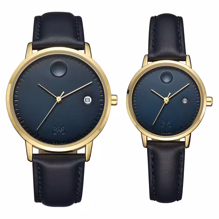 ست ساعت مچی عقربه ای زنانه و مردانه اوبلاک مدل 72696 رنگ طلایی صفحه سورمه ای