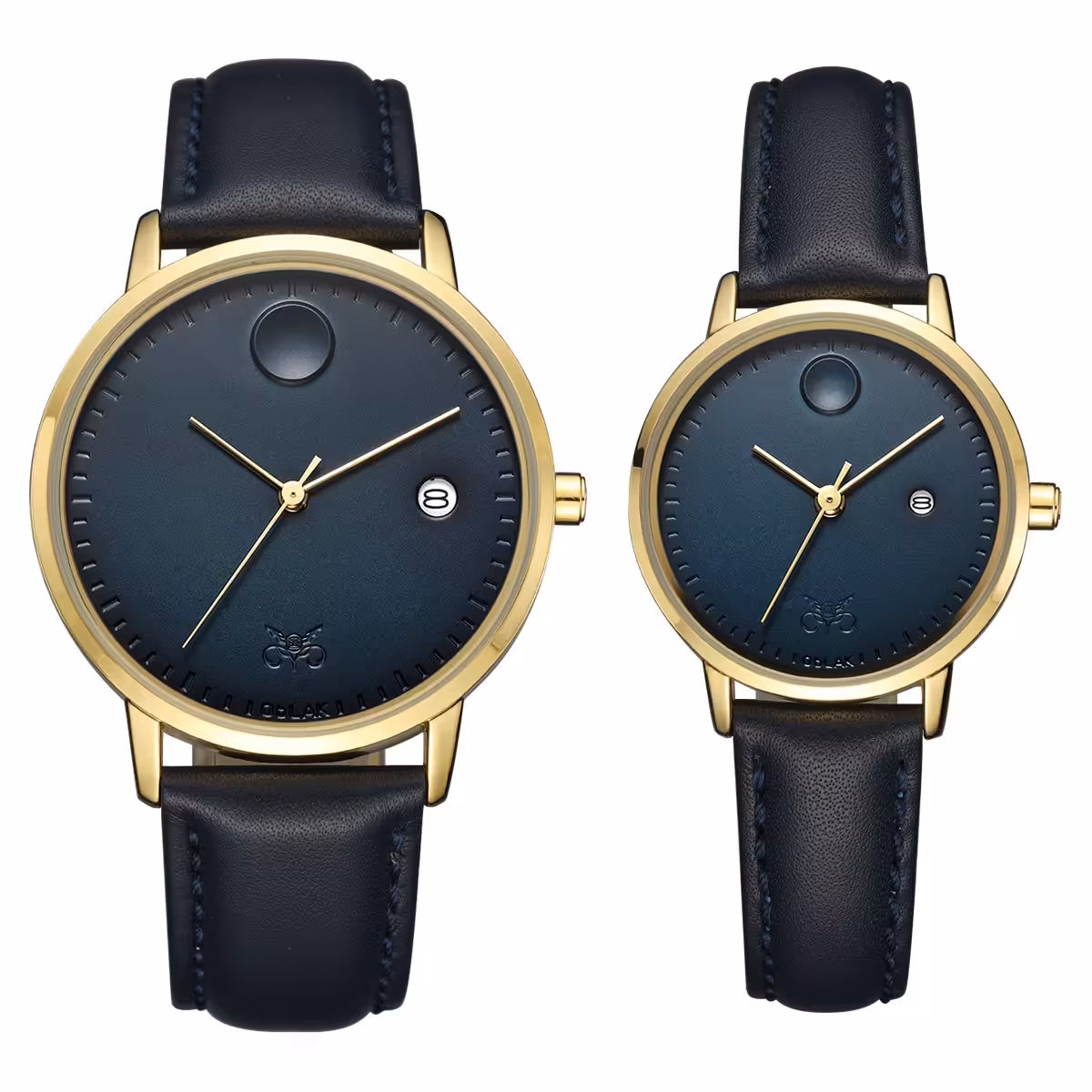 ست ساعت مچی عقربه ای زنانه و مردانه اوبلاک مدل 72696 رنگ طلایی صفحه سورمه ای