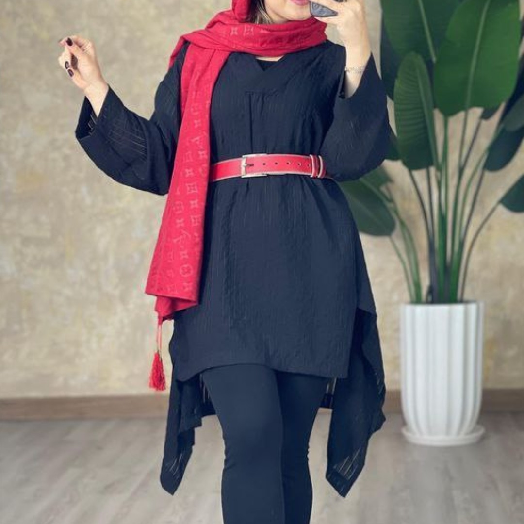 تونیک یقه هفت جنس حریر میله ای فری سایز 38 تا 48 