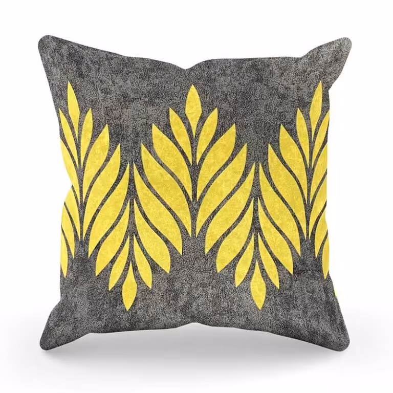 کوسن مربعی طرح پیچک مخمل طوسی تیره و زرد ابروبادی شاین