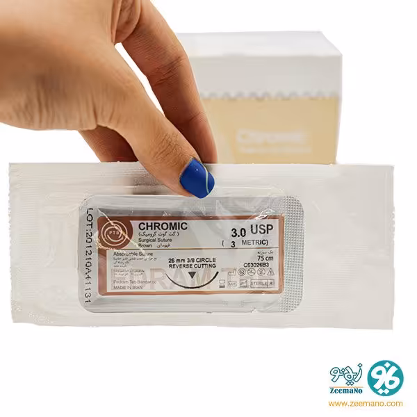 نخ بخیه کرومیک کاتگوت 3/0 با سوزن ریورس کات