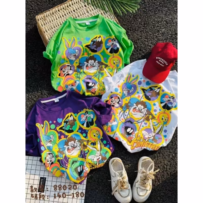 تیشرت تک اسپرت دخترانه و پسرانه مناسب سنین 7 تا 15 سال رنگ سفید و سبز و بنفش 