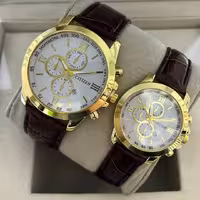 ست ساعت  زنانه و مردانه باهم سیتیرن بندچرمی قهوه ای صفحه سفید 