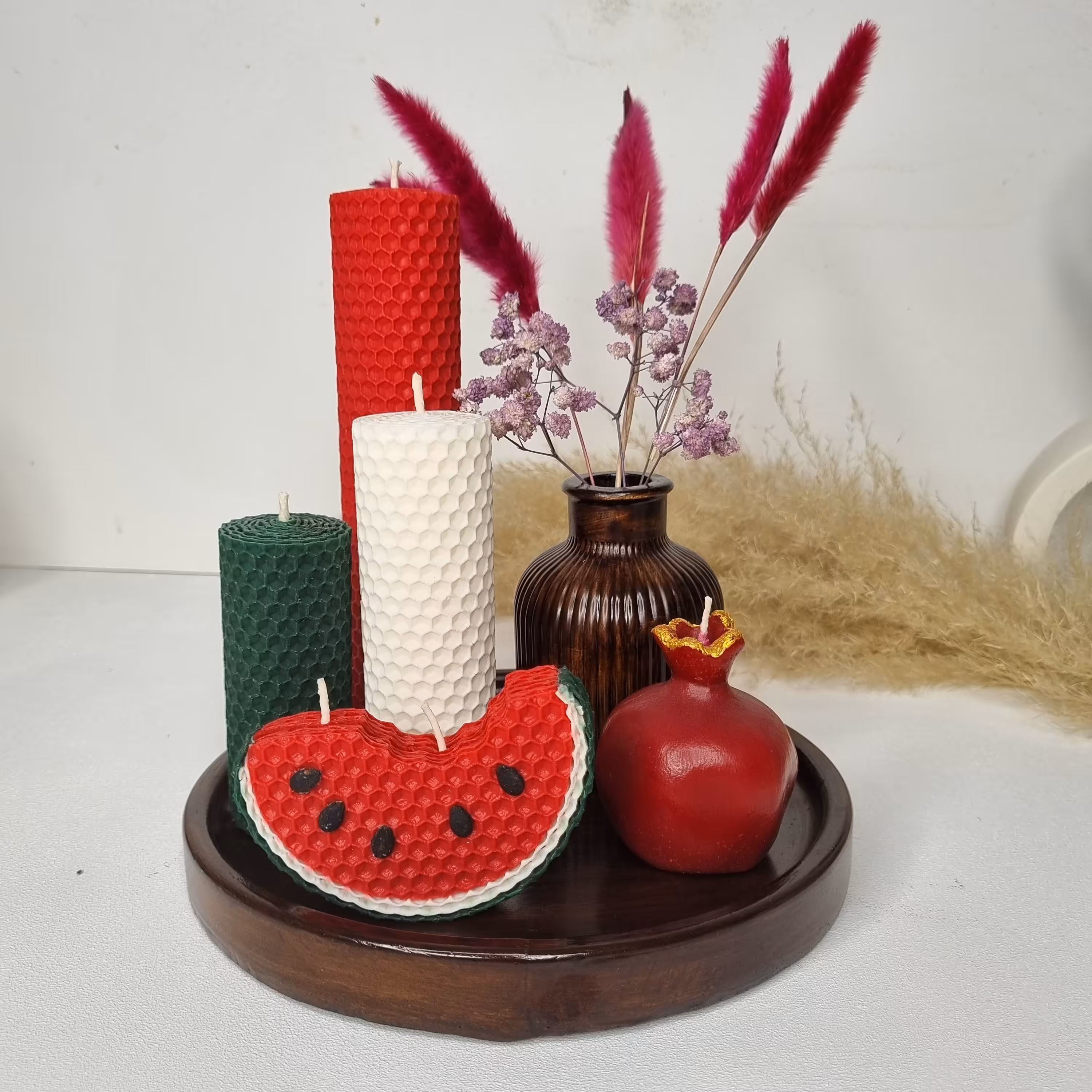 شمع یلدا با سینی و گلدان طرح چوب پاییزی