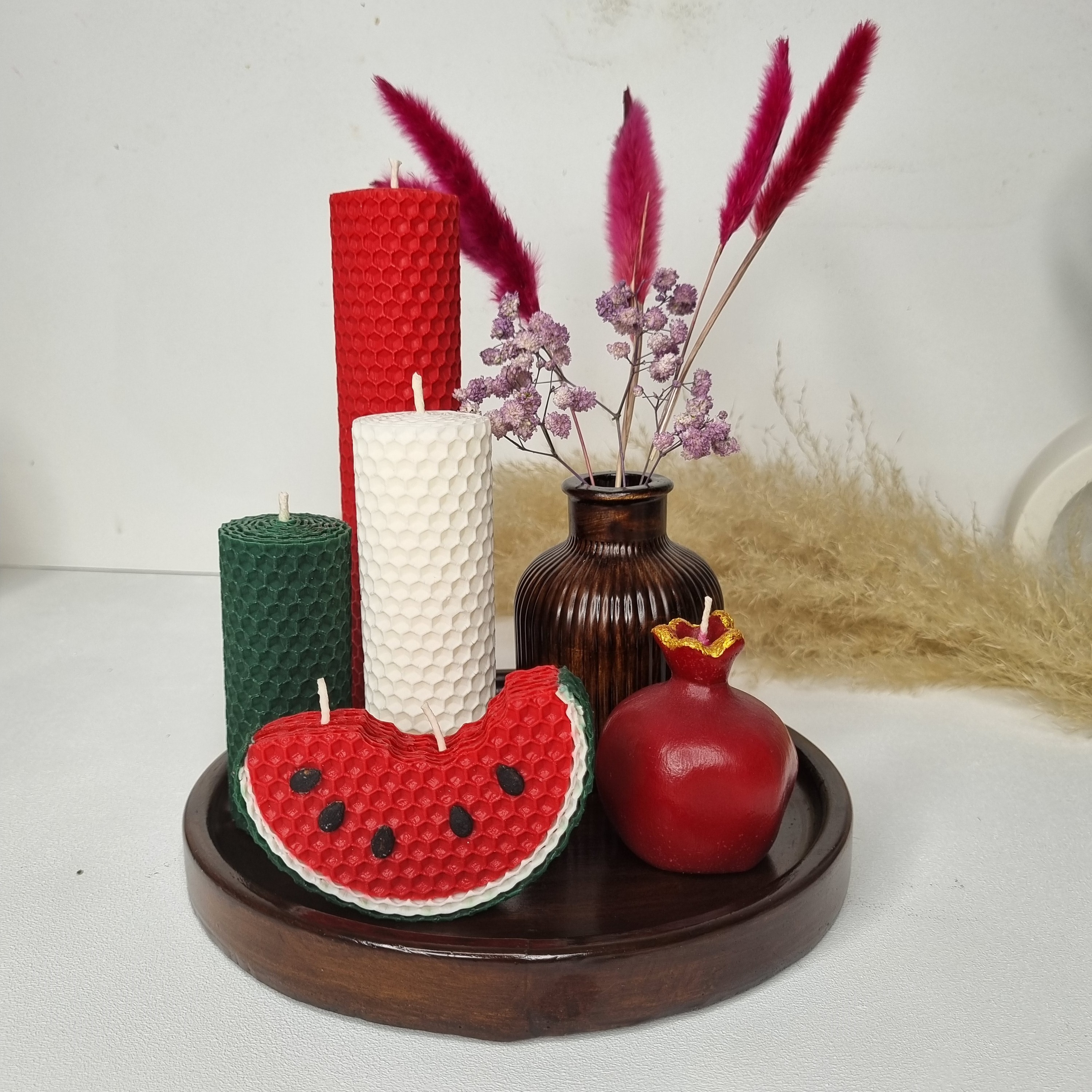 شمع یلدا با سینی و گلدان طرح چوب پاییزی