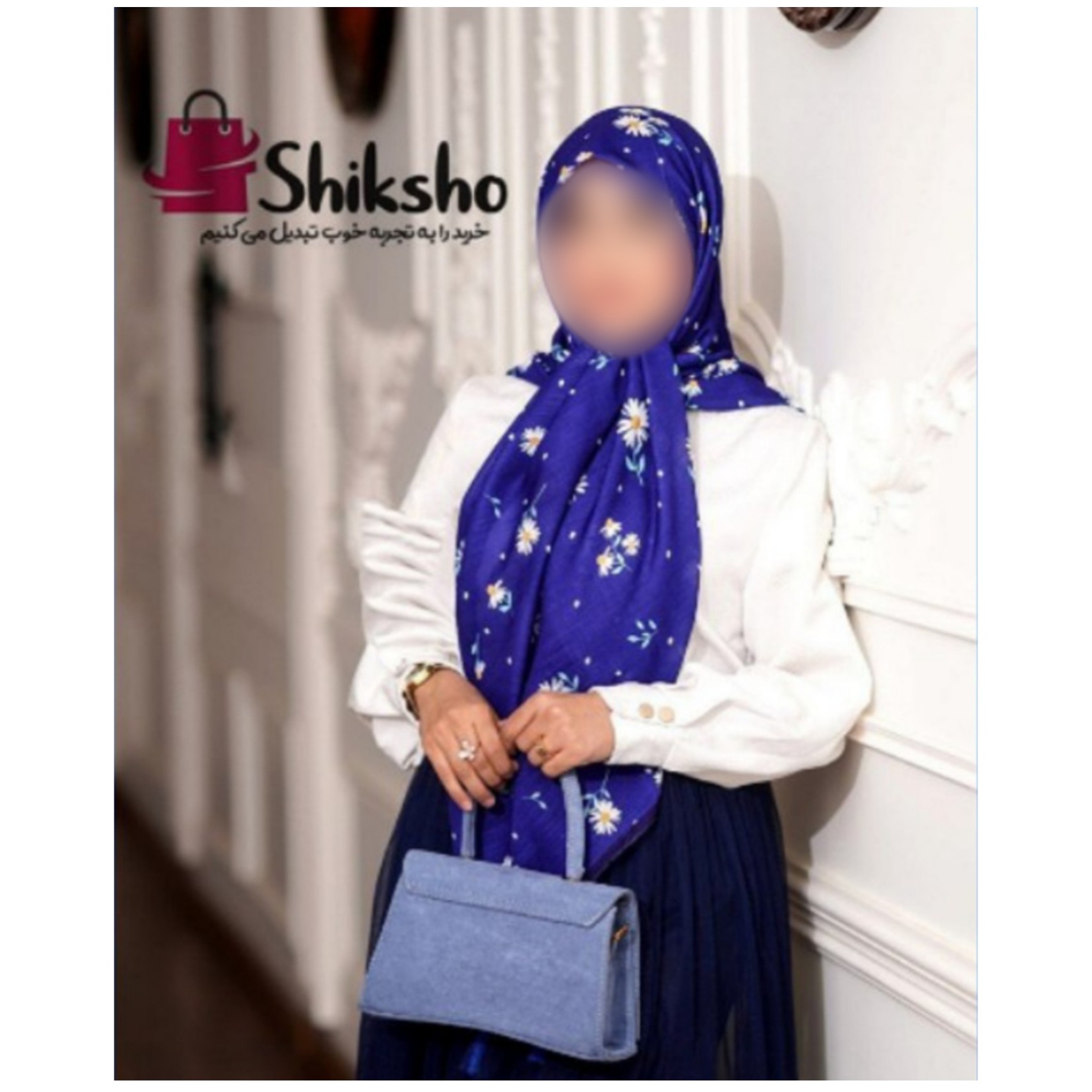 روسری نخی گلدار آبی،شکوفه سفید،قواره140