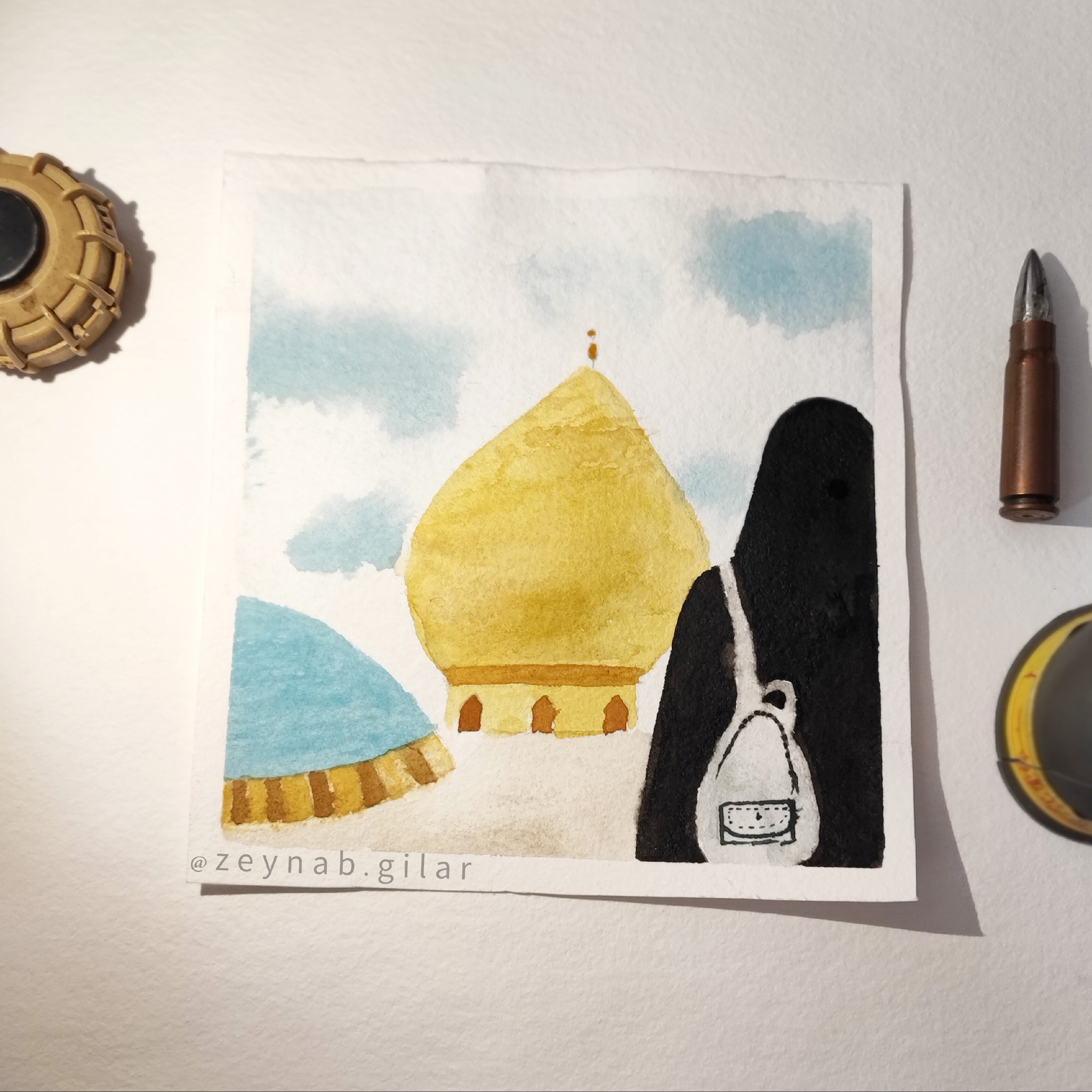 نقاشی آبرنگی طرح حرم امام حسین