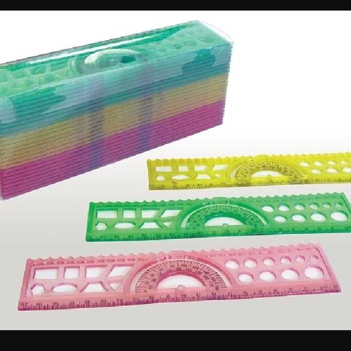 خط کش ژله ای نقاله دار و شابلون دار در سه رنگ زرد سبز و صورتی