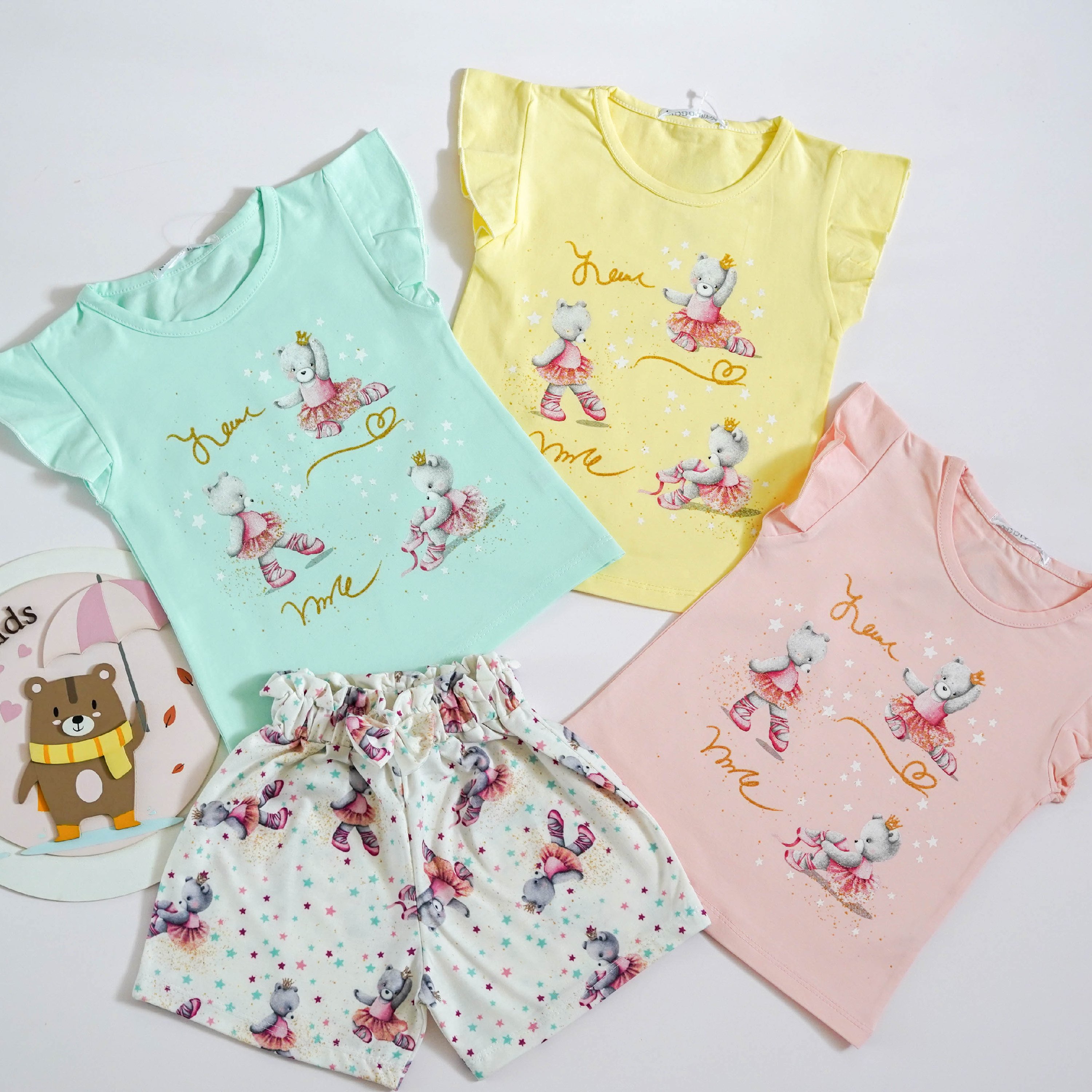 تیشرت و شلوارک دخترانه نخ پنبه طرح خرس بالرین مناسب 2 تا 4 سال