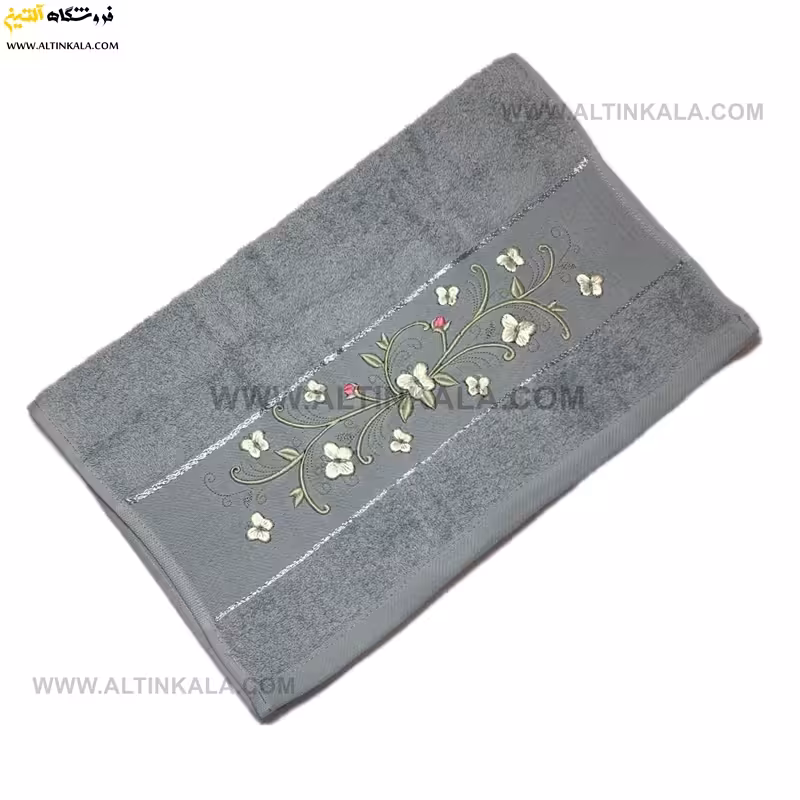 حوله دستی گلدوزی طوسی روشن برند ماندگار سایز 40×80