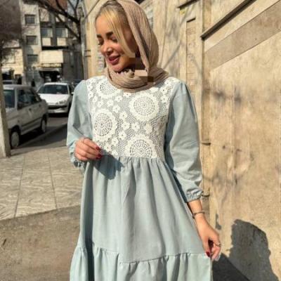 پیراهن لینن درجه یک و گیپور مزونی دوچین مجلسی عیدانه زنانه کد 094