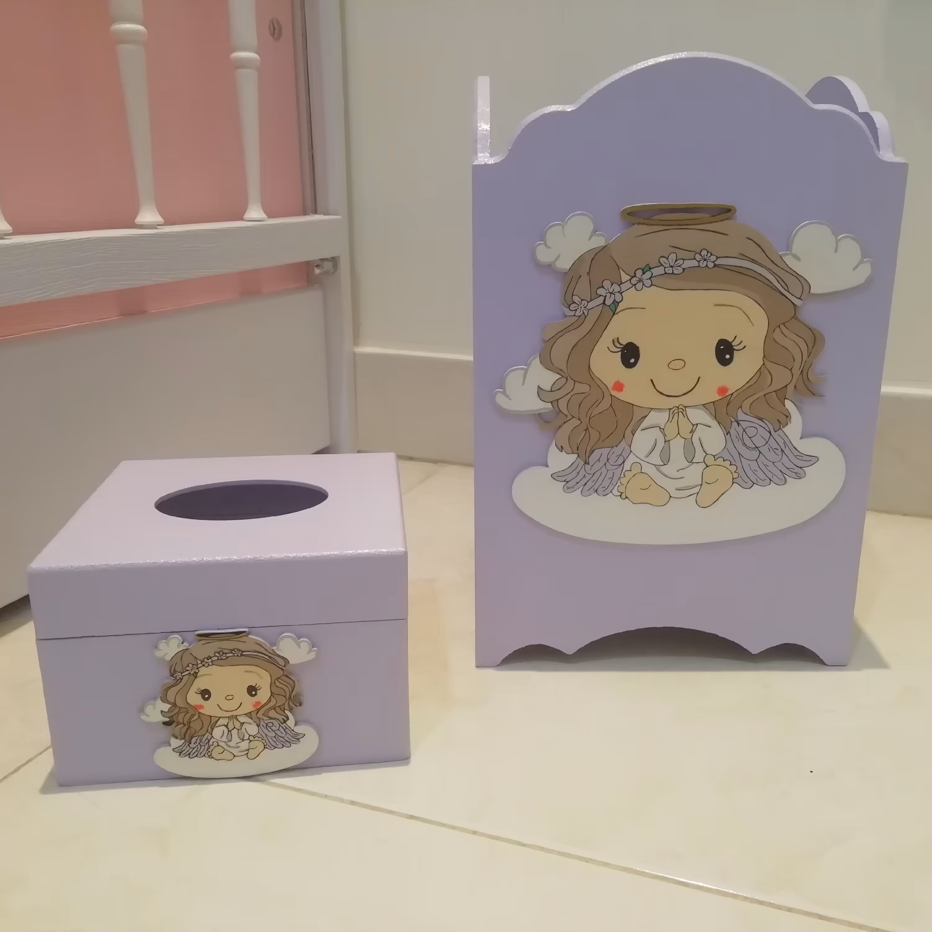 سطل و جادستمالی بچه گانه، طرح فرشته ، مناسب برای سیسمونی و اتاق کودک