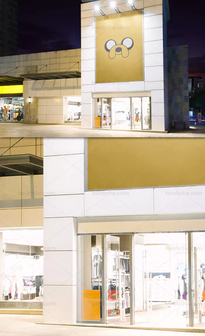 طرح لایه باز موکاپ بنر سردرب فروشگاهی ایستاده - گرافیک با طعم تربچه