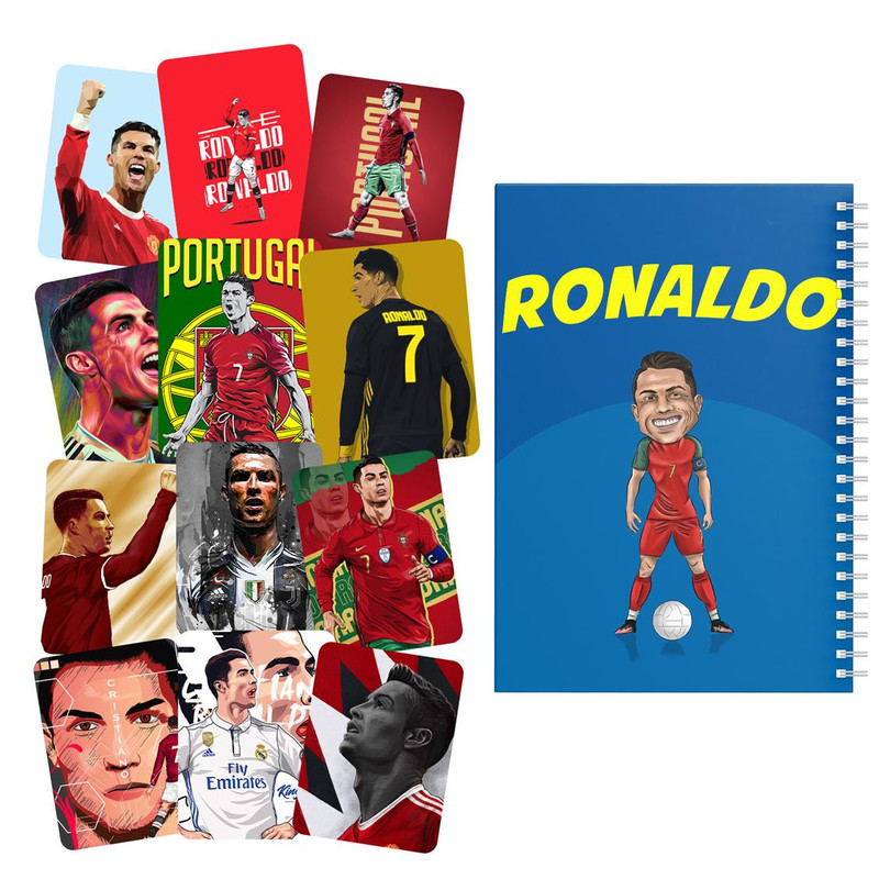   دفتر مشق باژیکان طرح فوتبالی رونالدو کد 20213173 به همراه استیکر لپ تاپ مجموعه 12 عددی