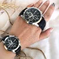 ست ساعت زنانه و مردانه سیتیزن بند چرم مشکی قاب نقره ای طرح سه موتوره