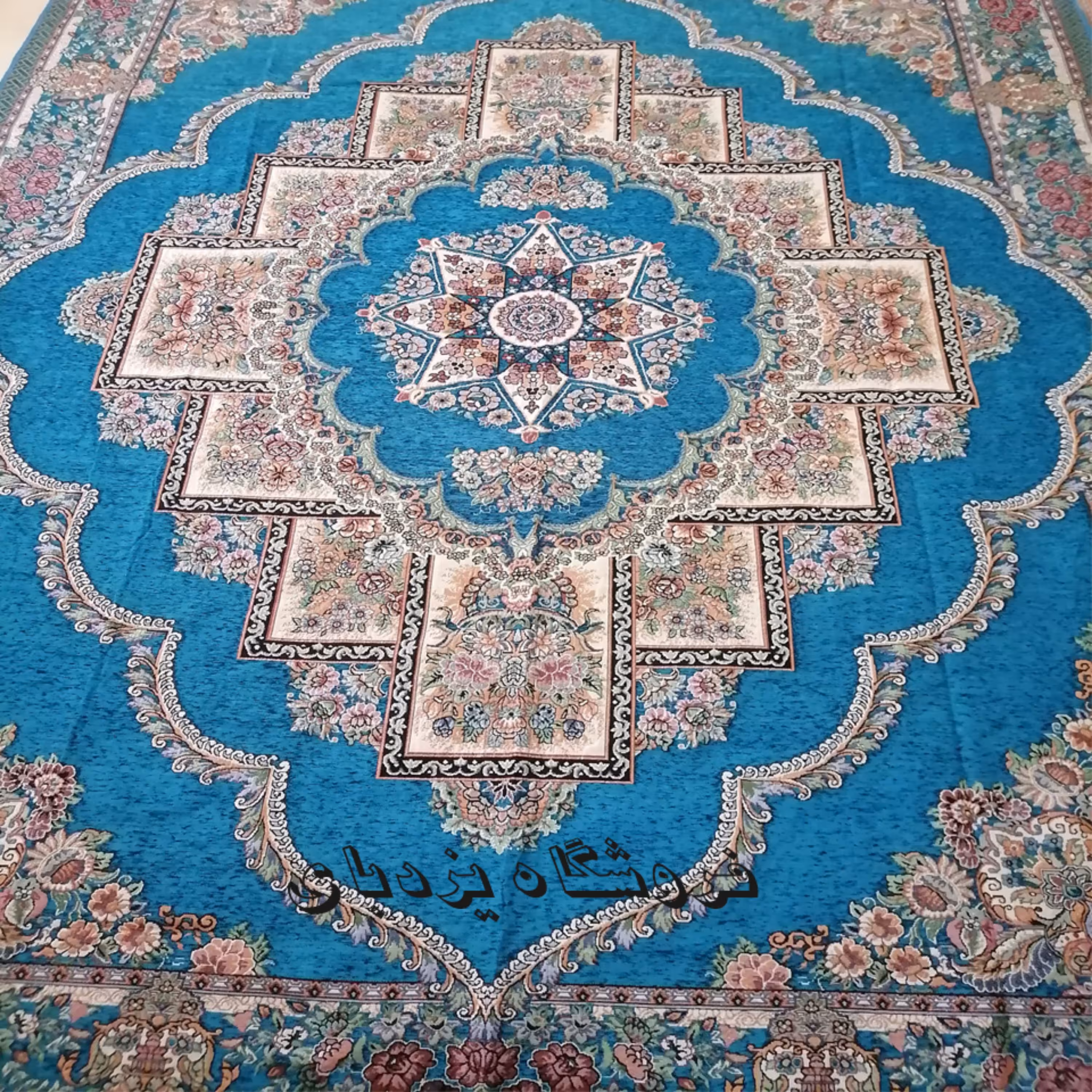 روفرشی 12 متری مخمل زرکدار سبزآبی طرح حوض نقره مدل ستاره ای