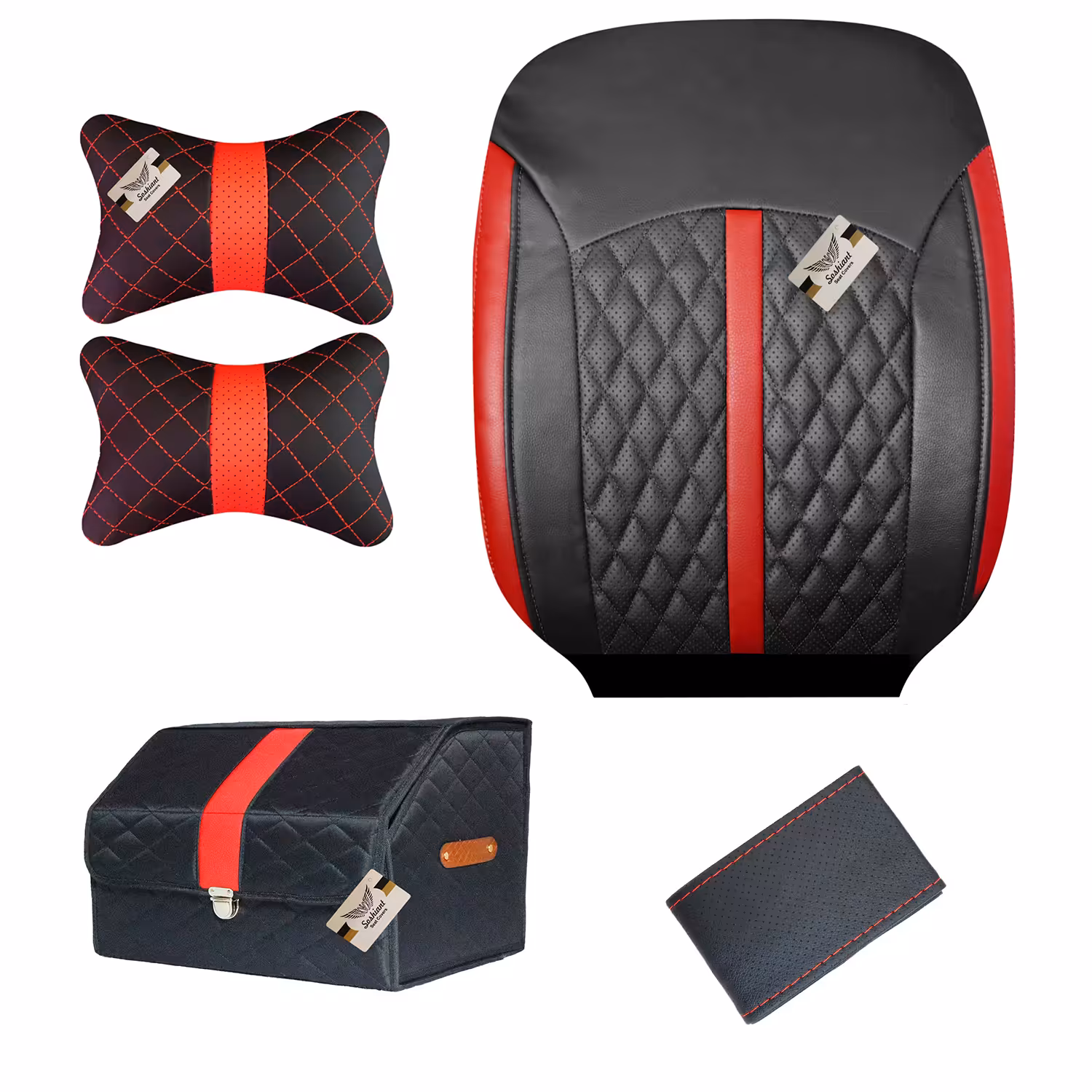 روکش صندلی چرمی خودرو سوشیانت مدل افرا مناسب تیبا 2 به همراه پشت گردنی و جعبه نظم دهنده نظم دهنده و دور فرمان