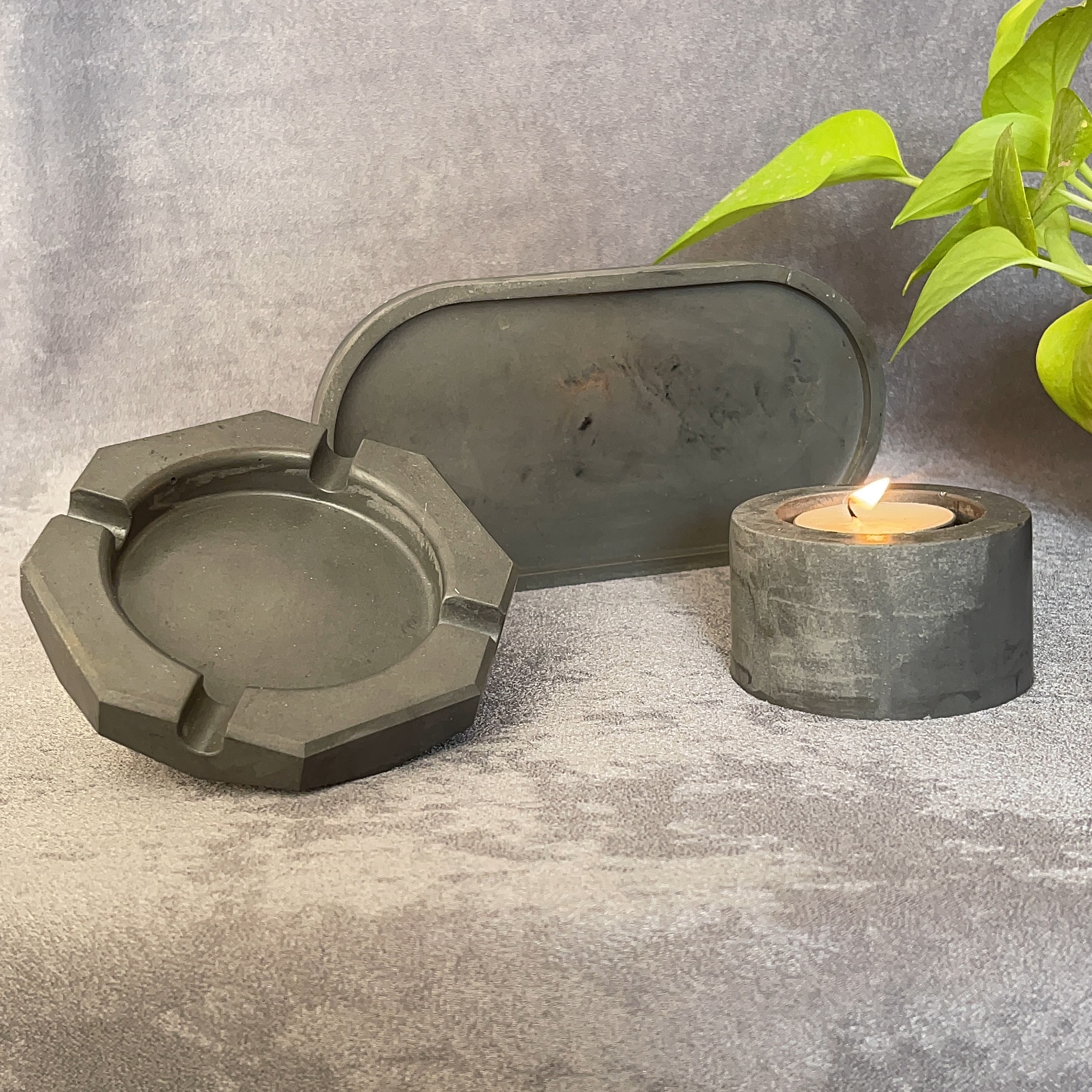 ست جاسیگاری،جاشمع،سینی بیضی رنگ طوسی