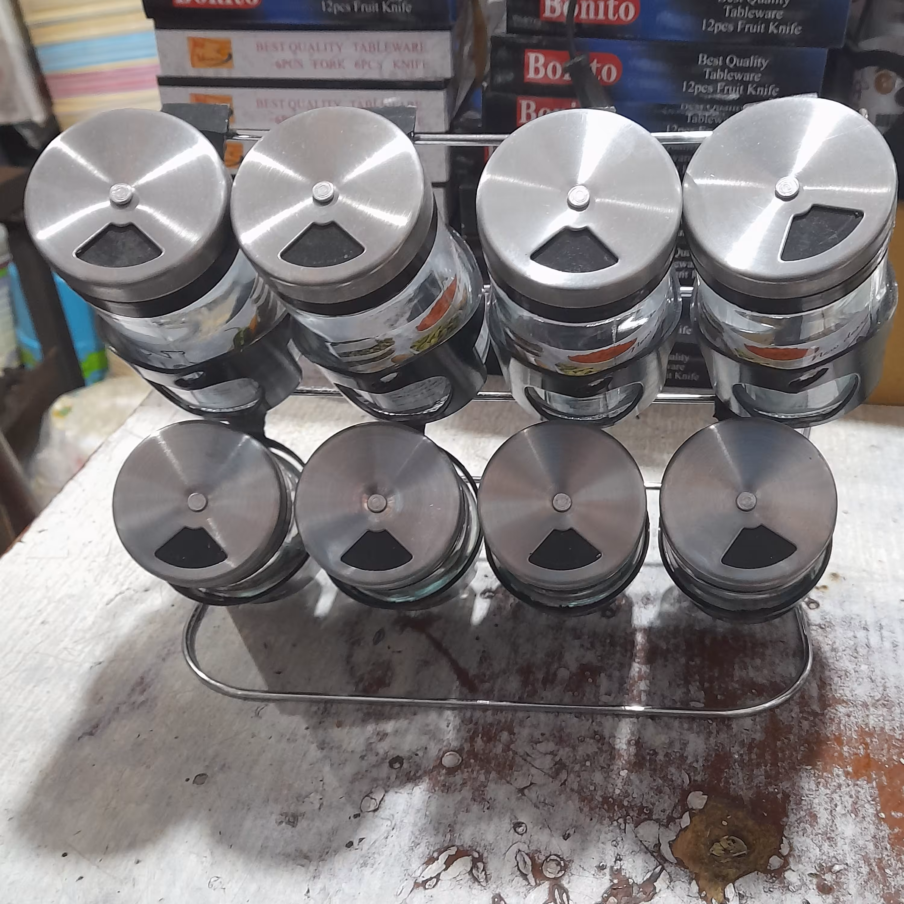 جا ادویه 8 عددی ایستاده درب استیل چرخشی اندازه کن