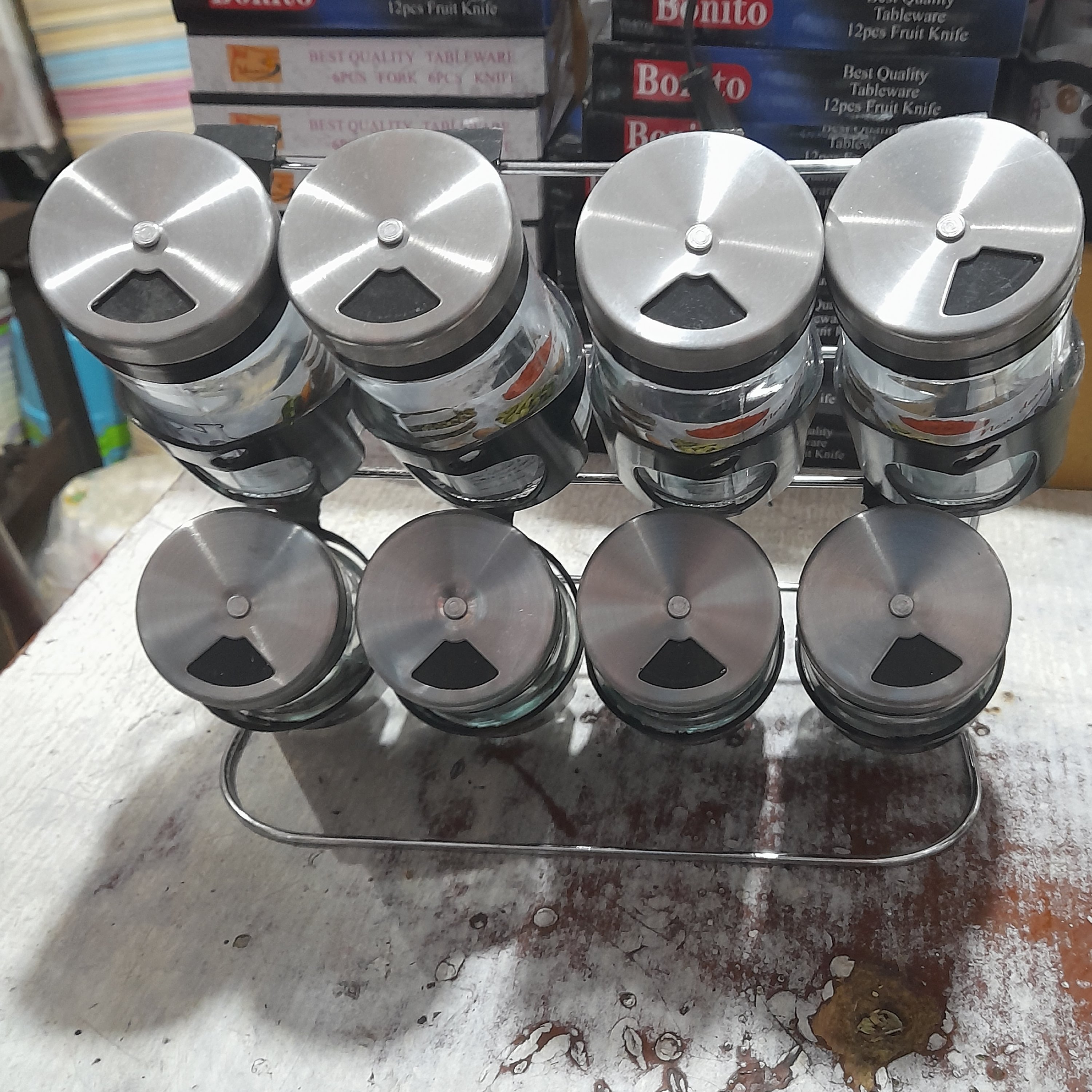 جا ادویه 8 عددی ایستاده درب استیل چرخشی اندازه کن