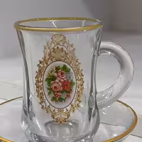 استکان کمر باریک دسته دار طرح گلدار،یک دست (6عدد)